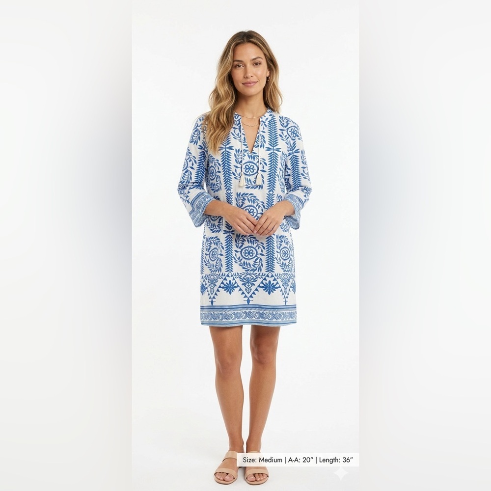 Beautiful Blue and White V-Neck 3/4 Sleeve Dress Size Medium
